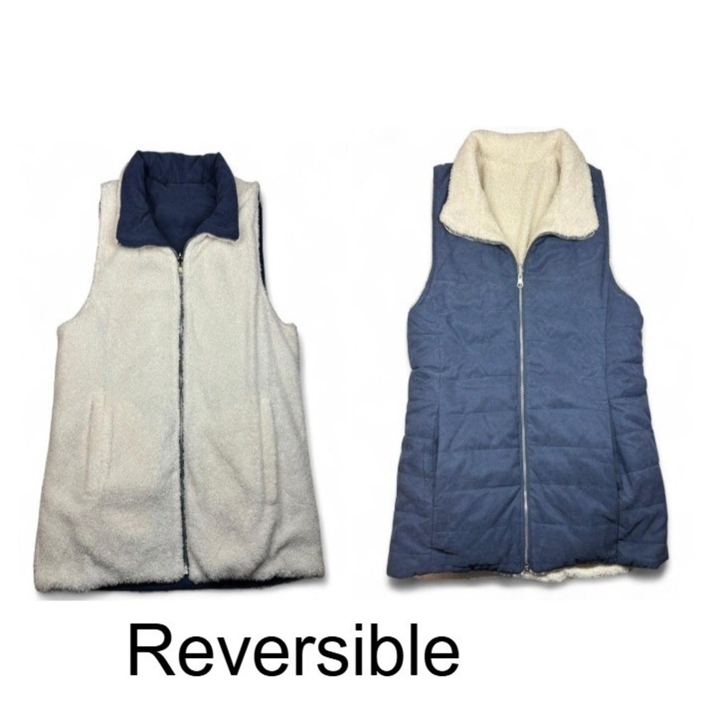 ENTRO Reversible Sherpa Quilted Vest Navy Cream Womens Size Medium Neutral Warm